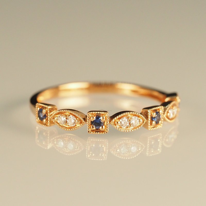 18K Gold The Blue Sapphire Square and Diamond Marquise Ring - แหวนทั่วไป - เครื่องประดับ 