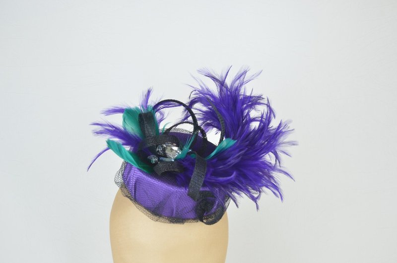 Pillbox Hat in Purple with Vintage Jewels, Emerald Feathers and Black Twirls - Hair Accessories - Other Materials Purple