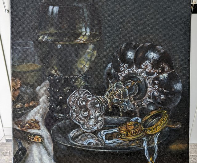 静物画 油絵 オリジナルアート ガラス製品 布製 ヴィンテージ ジャー