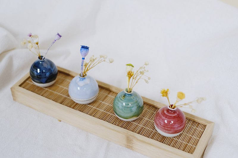 Mini Vase with Bamboo Tray Set - Pottery & Ceramics - Pottery White