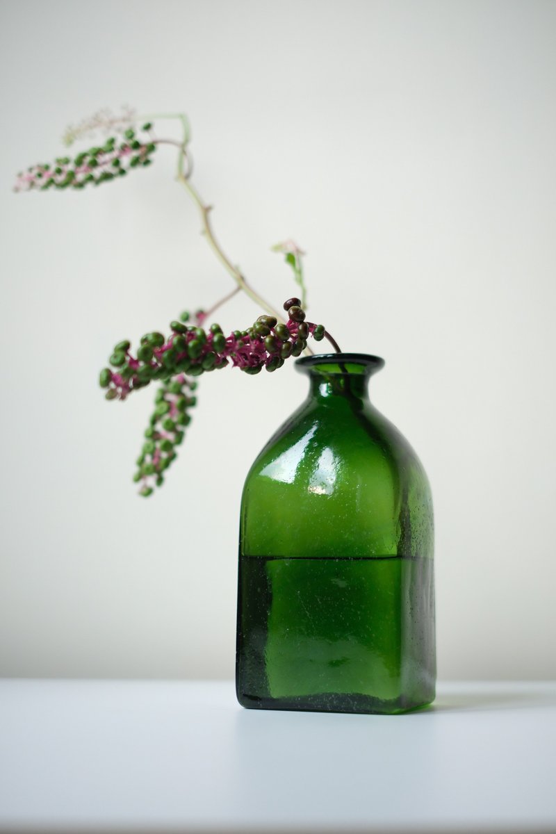 French La Soufflerie glass bottle/glass/vase/flower bottle - Pottery & Ceramics - Glass Green