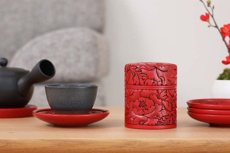 各地的著名工房 藤井漆工 茶筒 牡丹唐草 - 茶壺/茶杯/茶具 - 木頭 咖啡色