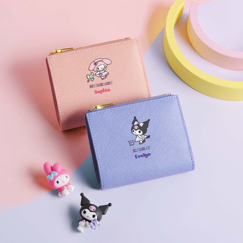 My Melody x  Kuromi Customzied UV Printed Leather Compact Wallet (4 colors) - Wallets - Genuine Leather Pink