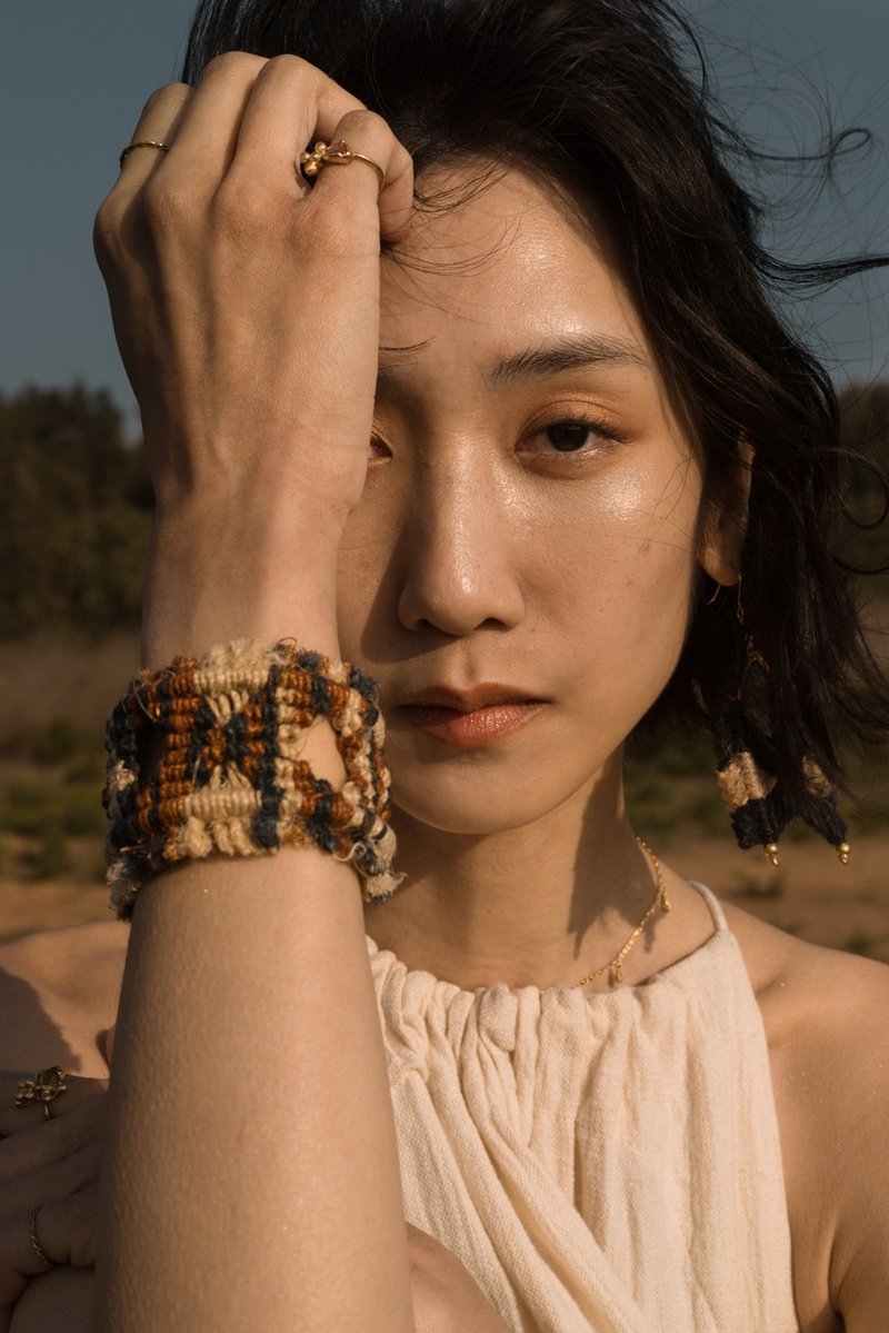 Hemp macrame cuff bracelet with ball ends- Mixed color - Bracelets - Cotton & Hemp Brown