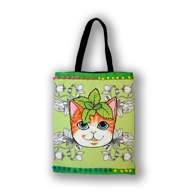 GOOKASO 青綠色薄荷印花圖案手提袋Totabag 背車以中古和服布製作 - 手提包/手提袋 - 其他材質 綠色