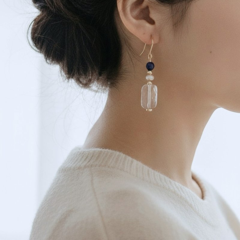 ll 流光 耳環 ll 白水晶 淡水珍珠 青金石 14KGF 耳環 ER-00071 - 耳環/耳夾/耳骨夾 - 水晶 藍色