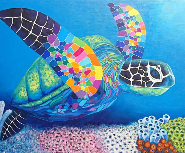 Original Sea Turtle Expressionism Painting －If I Could Fly - Shop