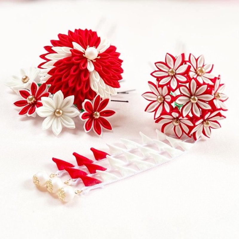 Knob work Hair ornaments Celebration Kanzashi Coming-of-age ceremony Wedding Ceremony Kimono - Hair Accessories - Silk Red