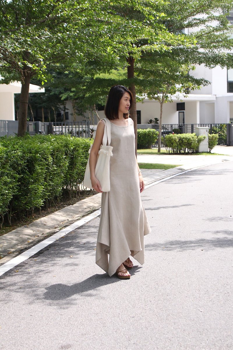 Linen Dress / Long Linen Dress / Lace Detailed / Full Asymmetrical Fit / EP-D646 - ชุดเดรส - ลินิน 