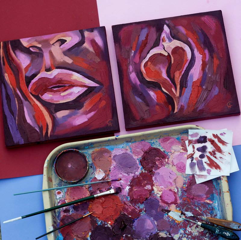 Lips Painting Sexy Original Art Erotic Artwork Yoni Wall Art Decor - โปสเตอร์ - วัสดุอื่นๆ สีแดง