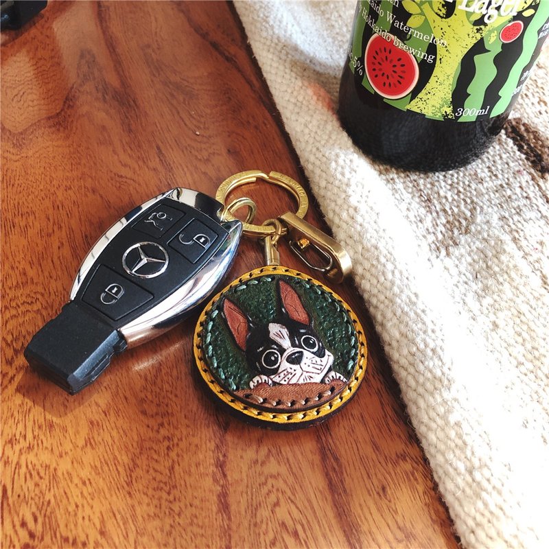 French fighting dog handmade three-dimensional car keychain pendant customized lettering to send boy and girl friends birthday gifts - ที่ห้อยกุญแจ - หนังแท้ สีส้ม