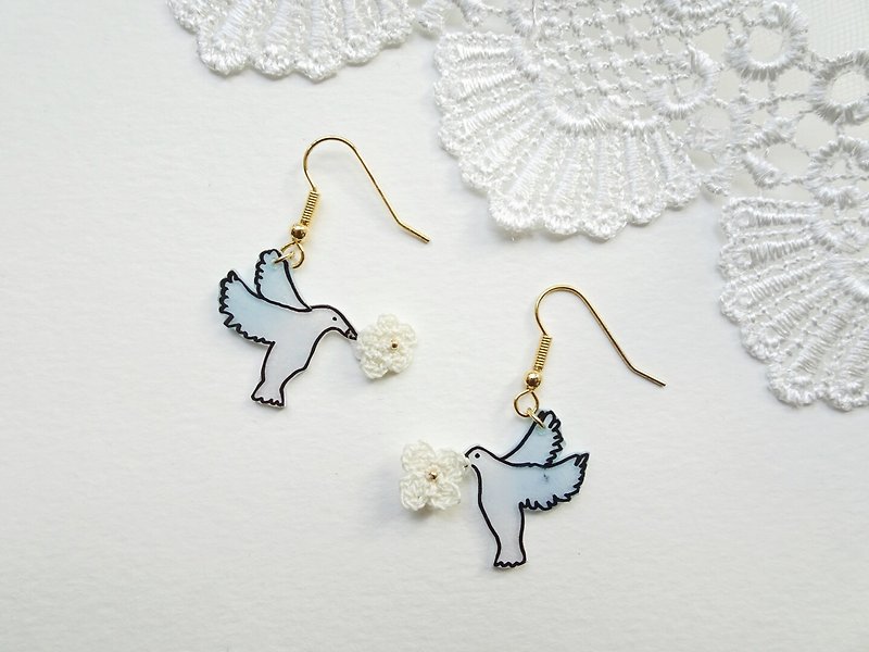 Good Morning Birds Shrink Plastic Earrings w/Tatting / Crochet - Earrings & Clip-ons - Plastic White
