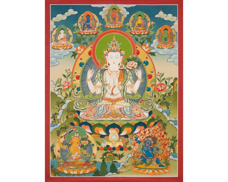 アヴァローキテーシュvara唐卡絵画　‐　瞑想のための手描きチベ - 壁貼/牆壁裝飾 - 其他材質 多色