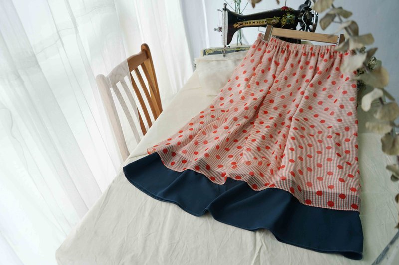 設計手作-粉紅圓點雪紡飄逸拼接色塊鬆緊腰八分長裙 - 洋裝/連身裙 - 聚酯纖維 粉紅色