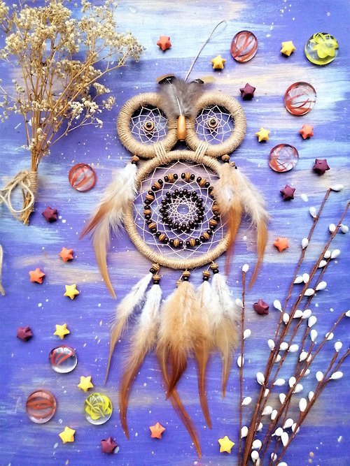 Purr Purple Dreams Owl dreamcatcher Feather wall hanging Shamanic amulet Bedroom boho decor