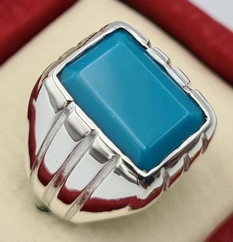 Beautiful Turquoise Ring Rectangular Jewelry Birthstone Gifts Mens Handmade Ring - 戒指 - 寶石 藍色