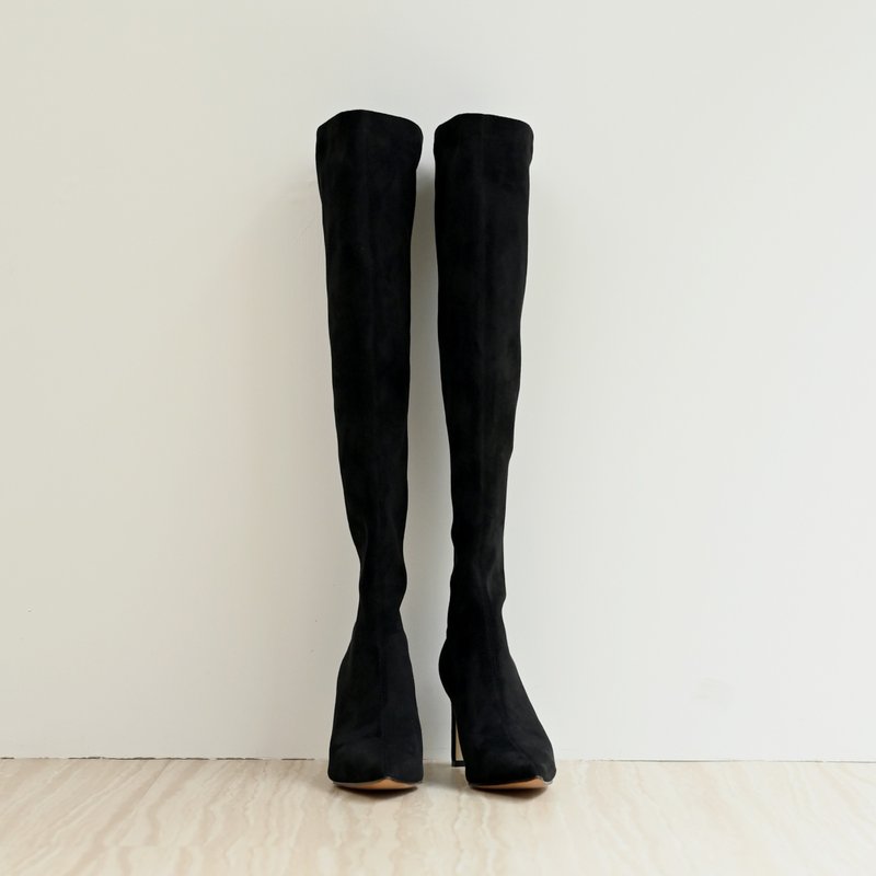 歐美彈力襪感-羊絨過膝長靴-黑色 - 女長靴/高筒靴 - 真皮 黑色