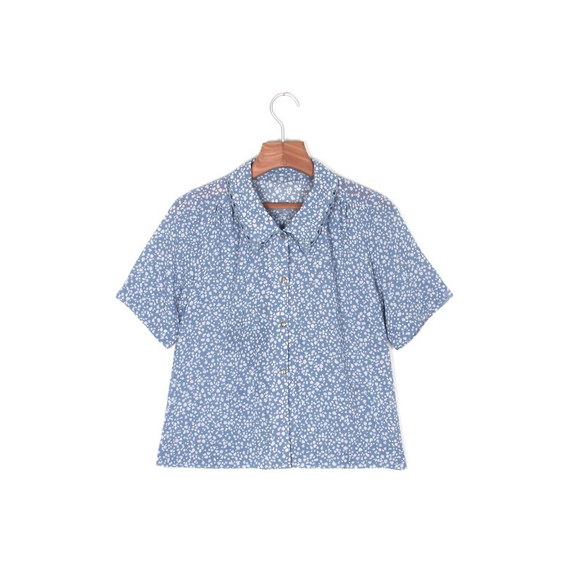 [Egg plant ancient] Sapporo white snow print short sleeve shirt - Women's Shirts - Polyester Blue