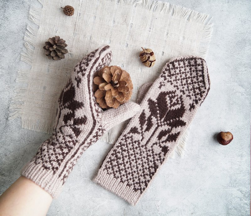 Hand Knitted Brown Women's Gloves Hand Warmer Rose Ornament Warm Winter Mittens - 手套 - 羊毛 咖啡色