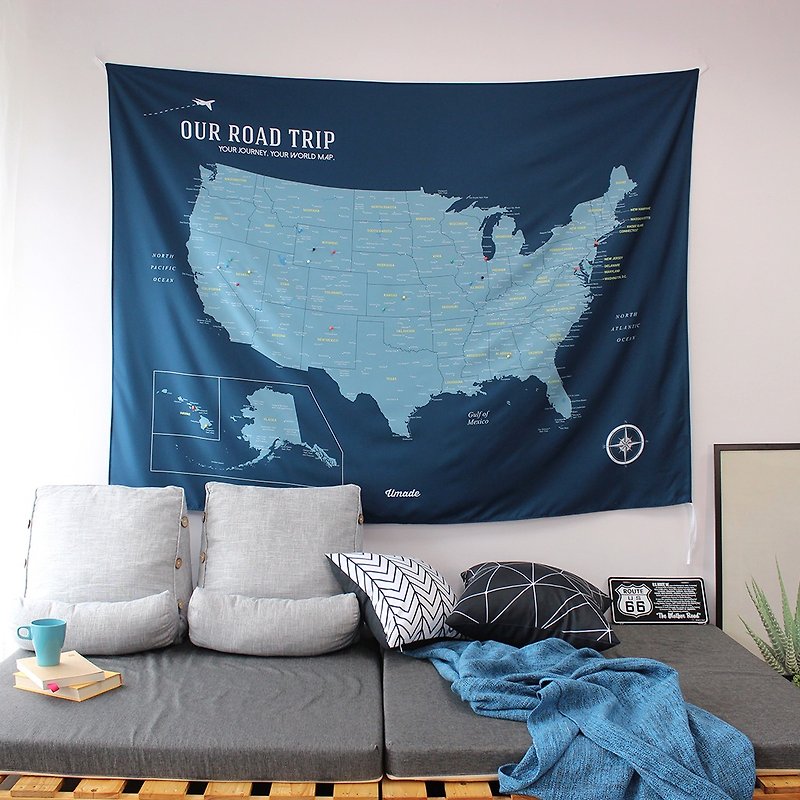 Personalized USA Map, Pin Map Travel Map-Captain Blue-Wall Decor (Fabric) - โปสเตอร์ - เส้นใยสังเคราะห์ สีน้ำเงิน
