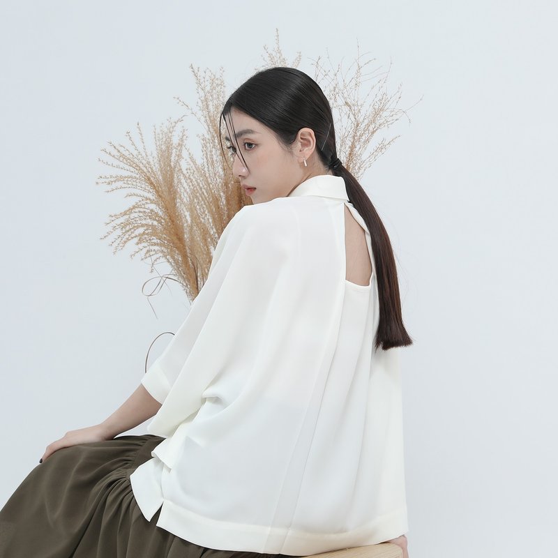 [Classic original] Trigonometric_Trigonometric function small backless shirt_CLT001_White - Women's Shirts - Polyester White