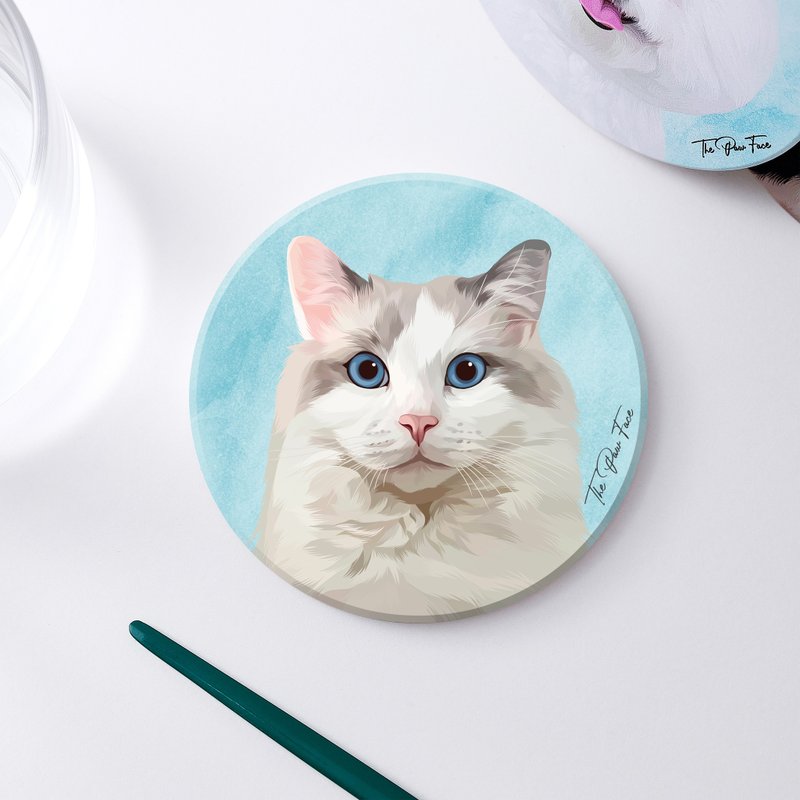 Blue Ragdoll Cat-round ceramic absorbent coaster/animal/homeware - ที่รองแก้ว - ดินเผา 