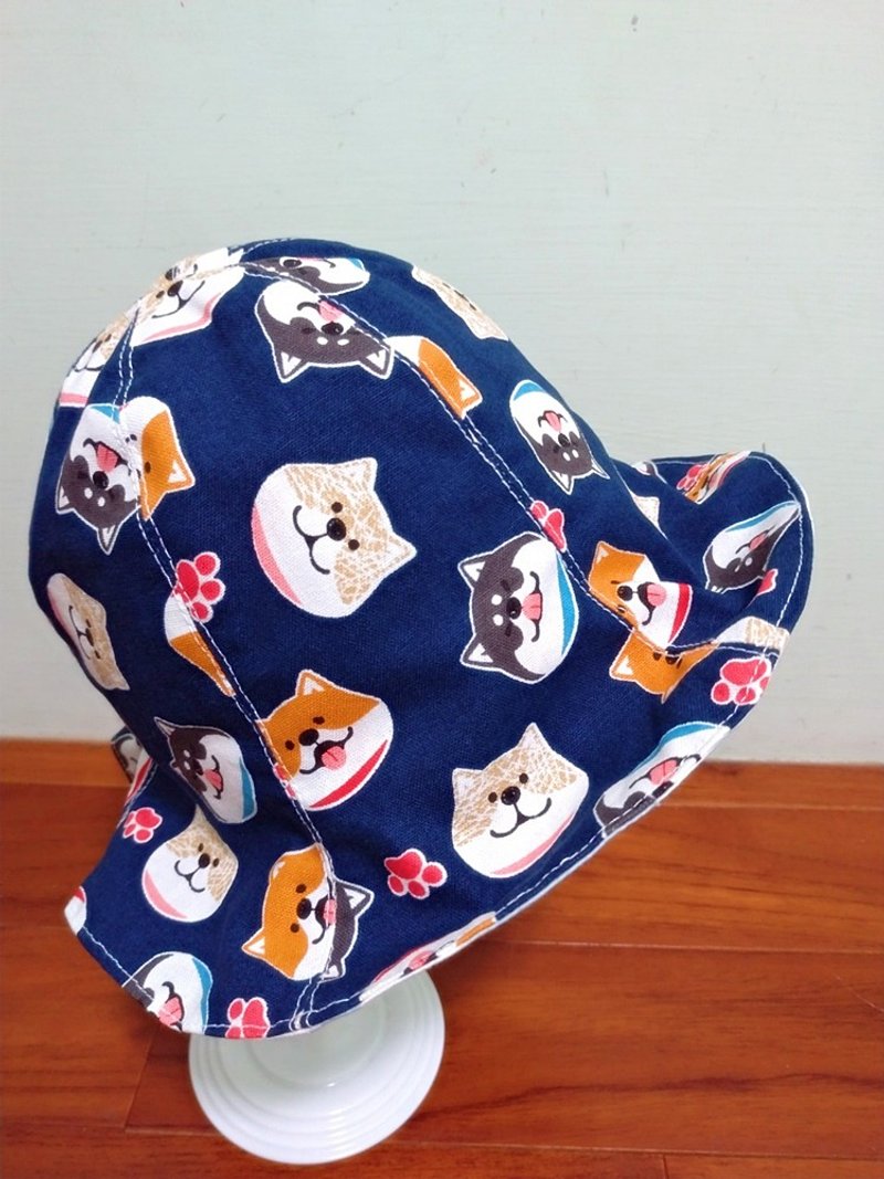 Dark blue cute Shiba Inu baby hat double-sided hat flower hat baby hat fisherman hat sun hat full moon gift - หมวกเด็ก - ผ้าฝ้าย/ผ้าลินิน 