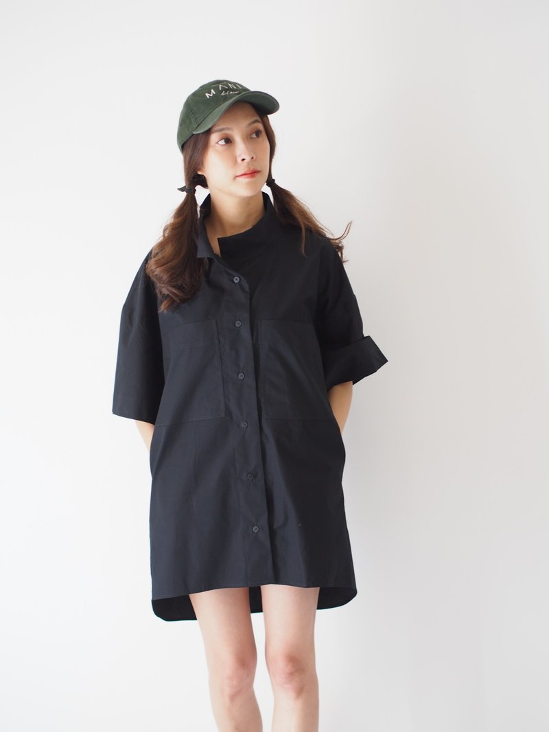 2 Placket Shirt - Black - เสื้อเชิ้ตผู้หญิง - ผ้าฝ้าย/ผ้าลินิน สีดำ