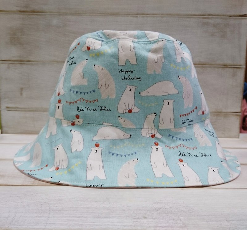 Light blue polar bear daily & pink dots double fisherman hat sun hat - Hats & Caps - Cotton & Hemp Blue