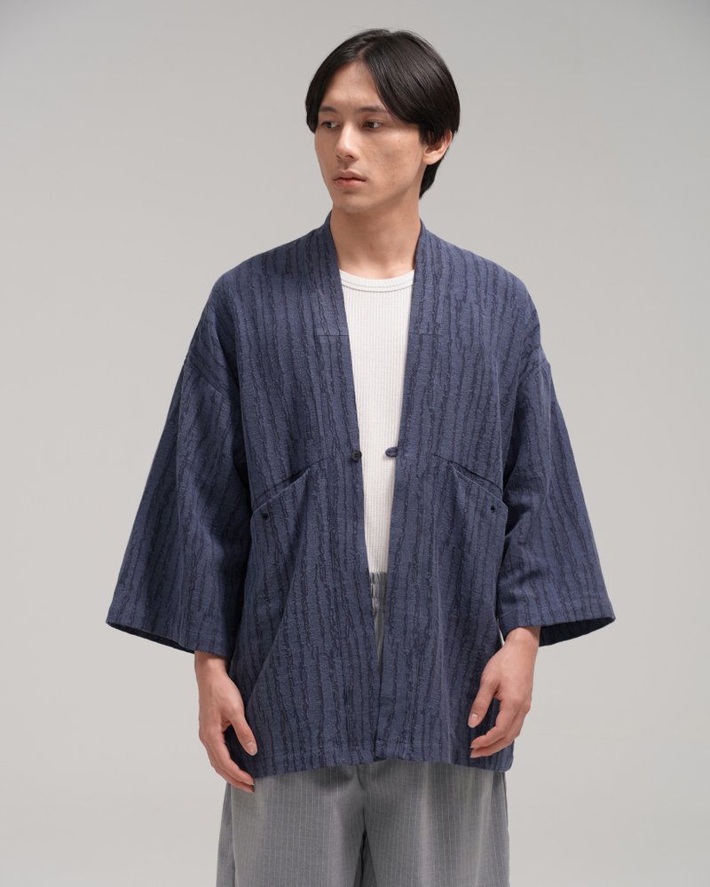 Unisex: The Kimono (Blue) - เสื้อแจ็คเก็ต - ผ้าฝ้าย/ผ้าลินิน สีน้ำเงิน