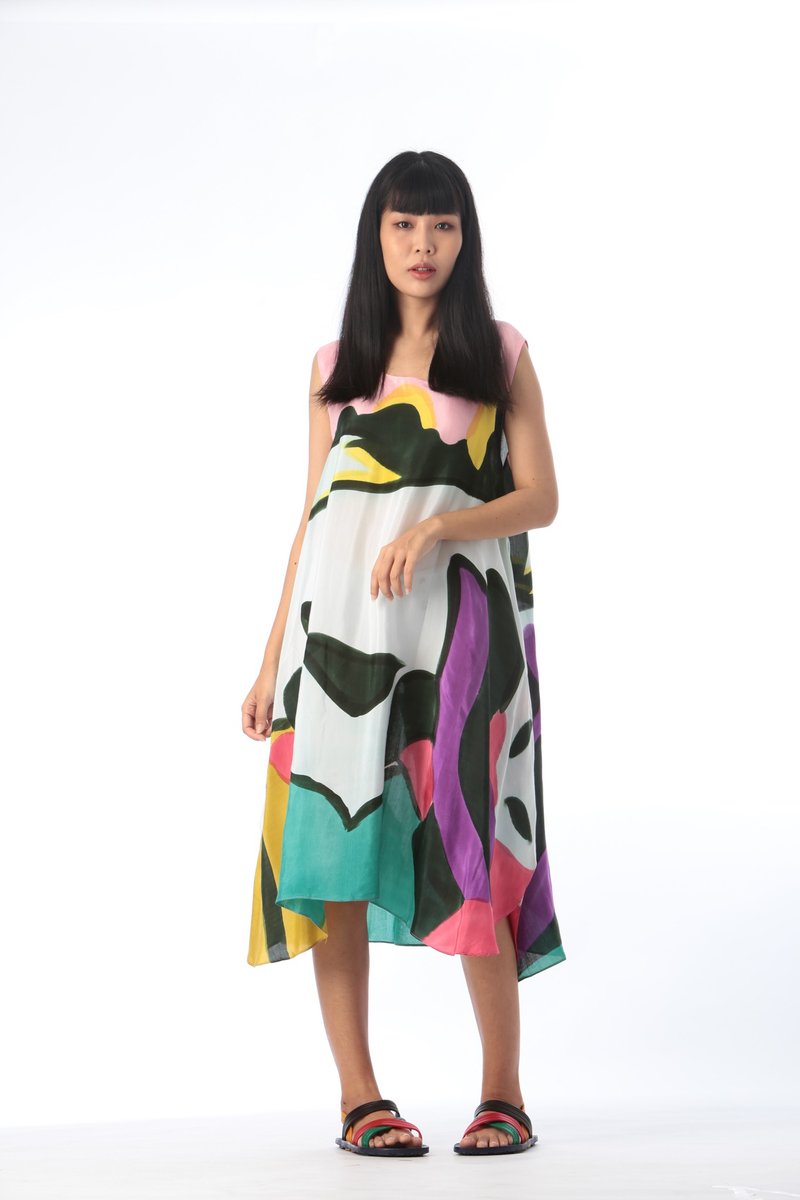 Dress Hand Paint Soft Cotton Silk for Yoga Vacation Holidays Summer Beach - 洋裝/連身裙 - 棉．麻 粉紅色