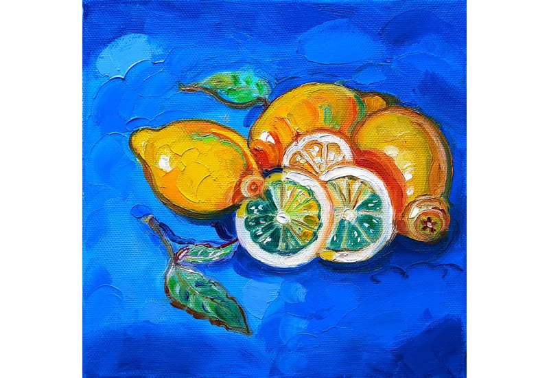 Lemon Painting Original Art Small Impasto Oil Painting Fruit Oil on Canvas - ตกแต่งผนัง - วัสดุอื่นๆ สีเหลือง