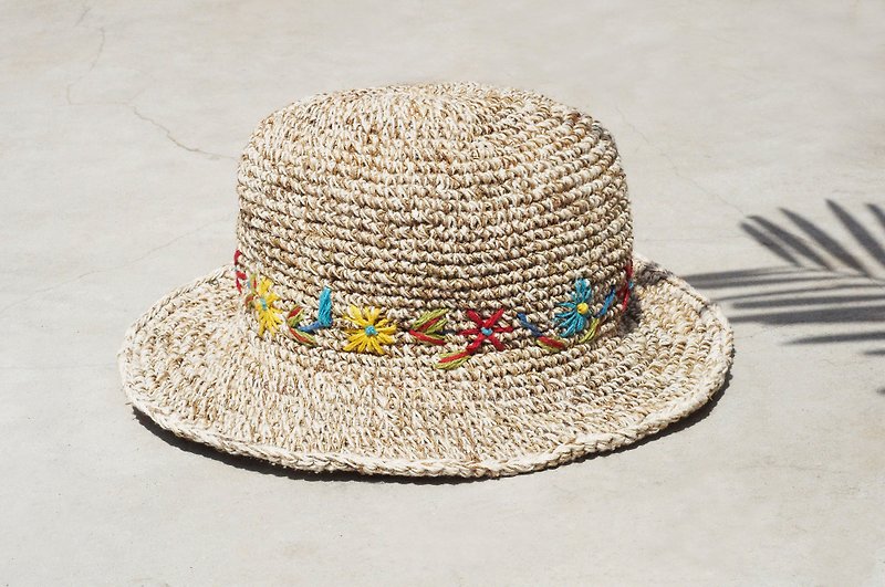 Mother's Day gift limit hand-woven cotton cap / knit cap / hat / visor / hat / straw hat - Boho rainbow embroidered flowers around the forest wind - Hats & Caps - Cotton & Hemp Multicolor