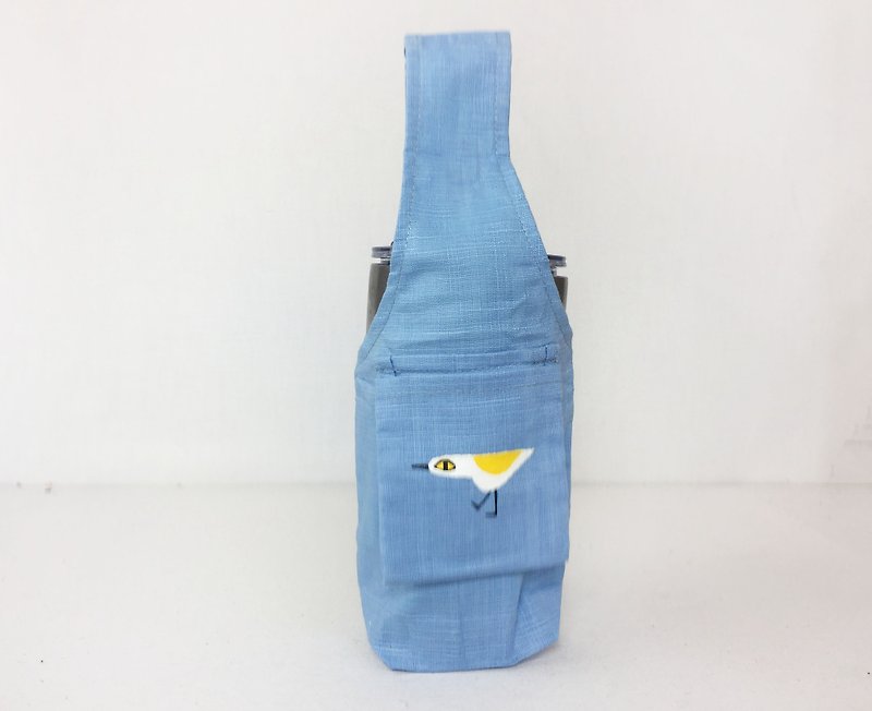 Eco-friendly beverage bag / big-eyed bird - ถุงใส่กระติกนำ้ - ผ้าฝ้าย/ผ้าลินิน สีน้ำเงิน