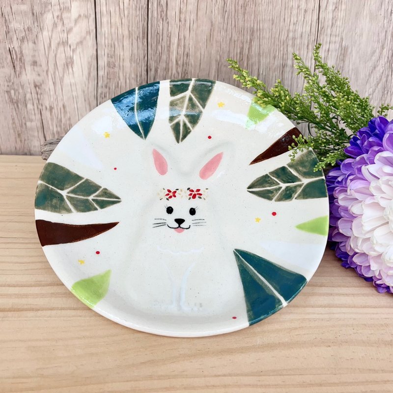 A Lu's smiling bunny pottery plate/ornament/gift is handmade and hand-painted. This is the only one. - Items for Display - Pottery Multicolor