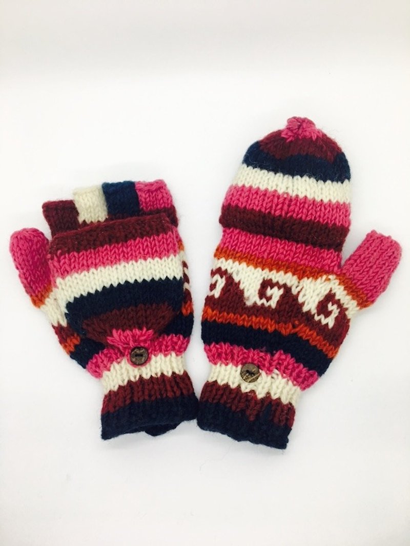 Nepal 100% wool handmade thick knitted pure wool gloves - powder x wine red x dark blue wave pattern style - Gloves & Mittens - Wool Multicolor