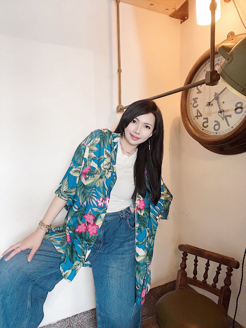 藍綠色花卉 夏威夷衫 古著襯衫上衣 Aloha Shirt ハワイアンシャ - 女襯衫 - 絲．絹 多色