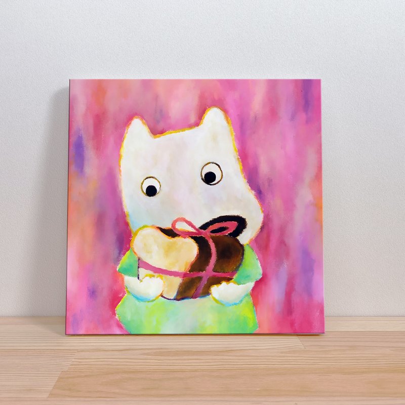 Afternoon Tea Date with White Dog - Kids Animal Illustration - Unframed Wall Art - ของวางตกแต่ง - ผ้าฝ้าย/ผ้าลินิน สึชมพู