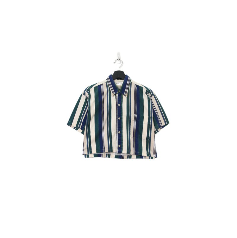 Back to Green-再製條紋短板襯衫 綠藍交織 ds-07//vintage shirt - 女襯衫 - 棉．麻 
