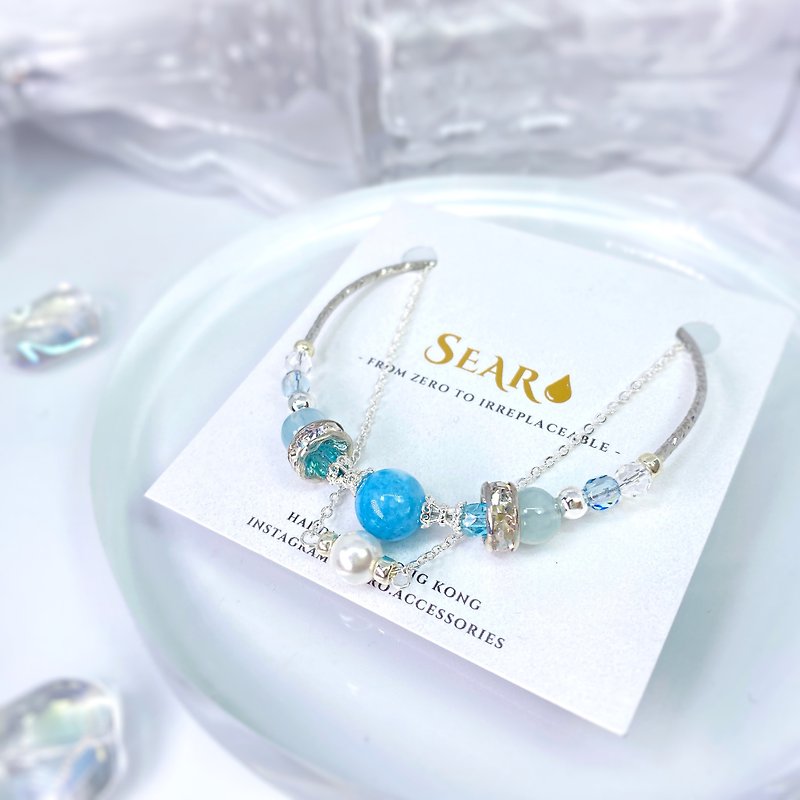 海光映珠|海藍寶 珍珠 天然石水晶雙層手鏈 - 手鍊/手鐲 - 水晶 藍色