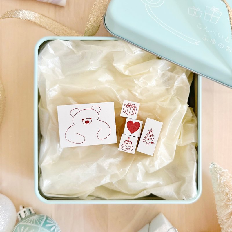 くまさんのスタンプセット、手帳やカードにぴったりなかわいいはんこ缶 - 印章/印台 - 木頭 