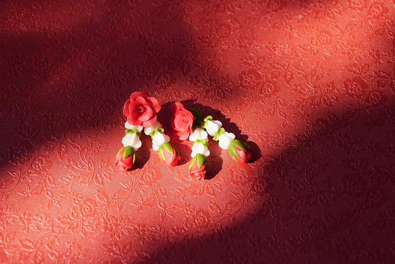 Clay Earrings & Clip-ons Red - Red Rose garland earring, polymer clay with silver 92.5%