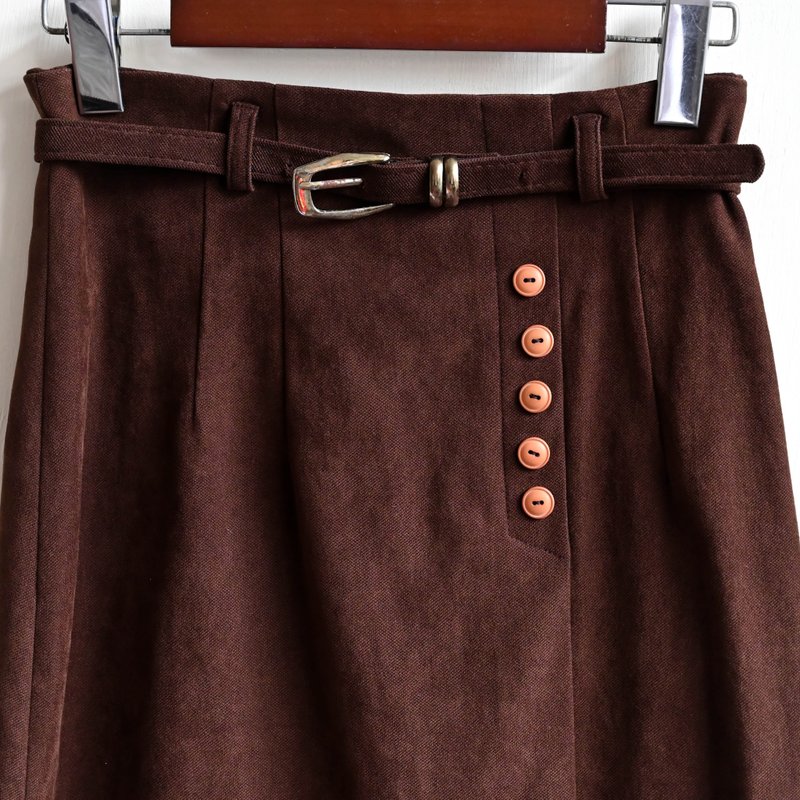 【蛋植物古著】可可粉末絨面高腰古著長裙 - 裙子/長裙 - 其他人造纖維 咖啡色