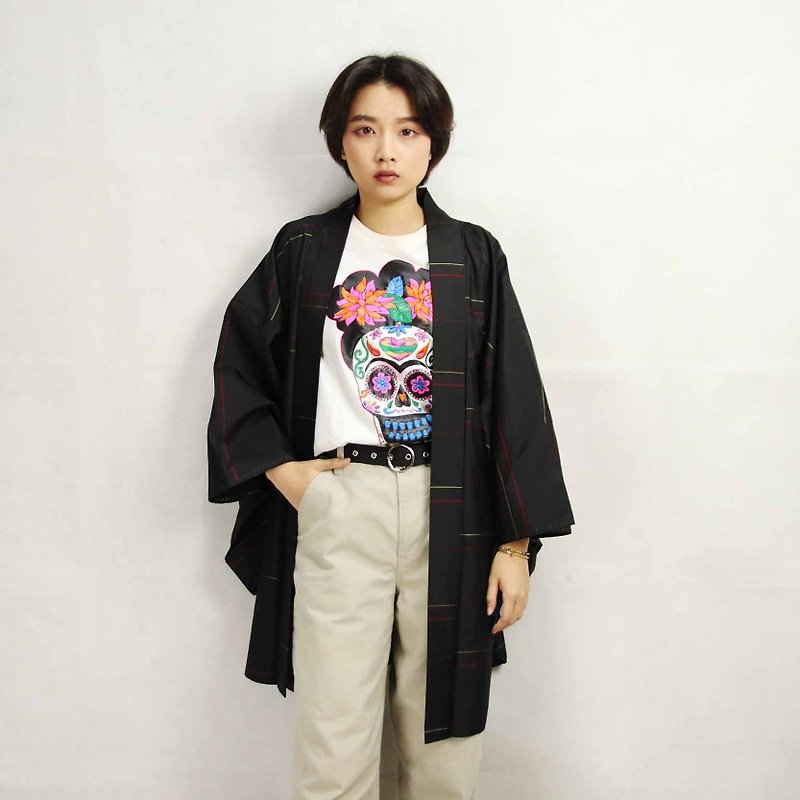 Tsubasa.Y ancient house 004 red green yellow line black feather woven, blouse jacket kimono and Japanese style - Women's Casual & Functional Jackets - Other Materials 