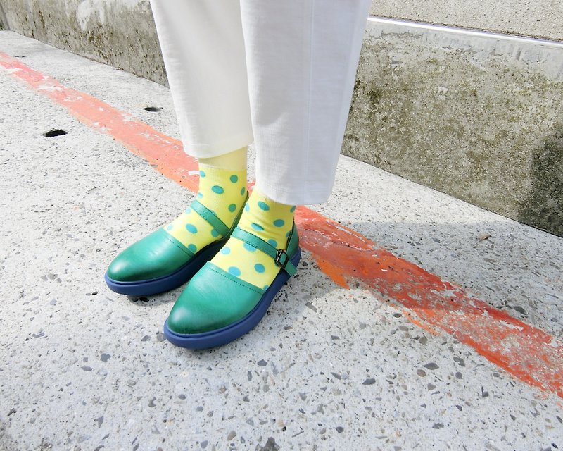 Thick-soled leather lace-up shoes|| Lightning puffs blue fruit green near the Eiffel Tower|| 画儿#8126 - รองเท้าหนังผู้หญิง - หนังแท้ สีเขียว