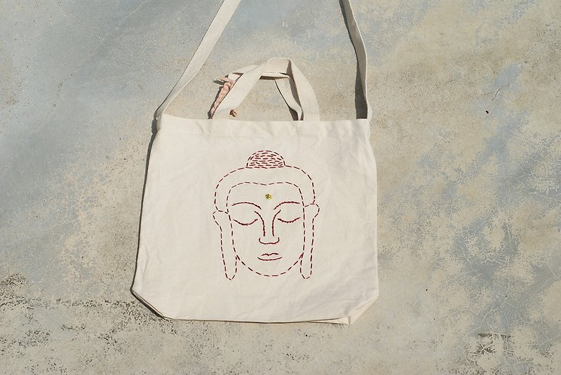 Embroidered Buddha head side bag primary color canvas bag Buddiha bag - Messenger Bags & Sling Bags - Cotton & Hemp White