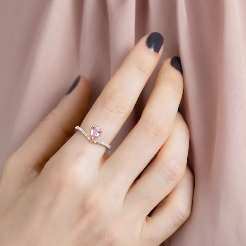 天然水滴形梨形粉紅剛玉微鑲鑽石純 14K / 18K 金戒指 | 客製手工