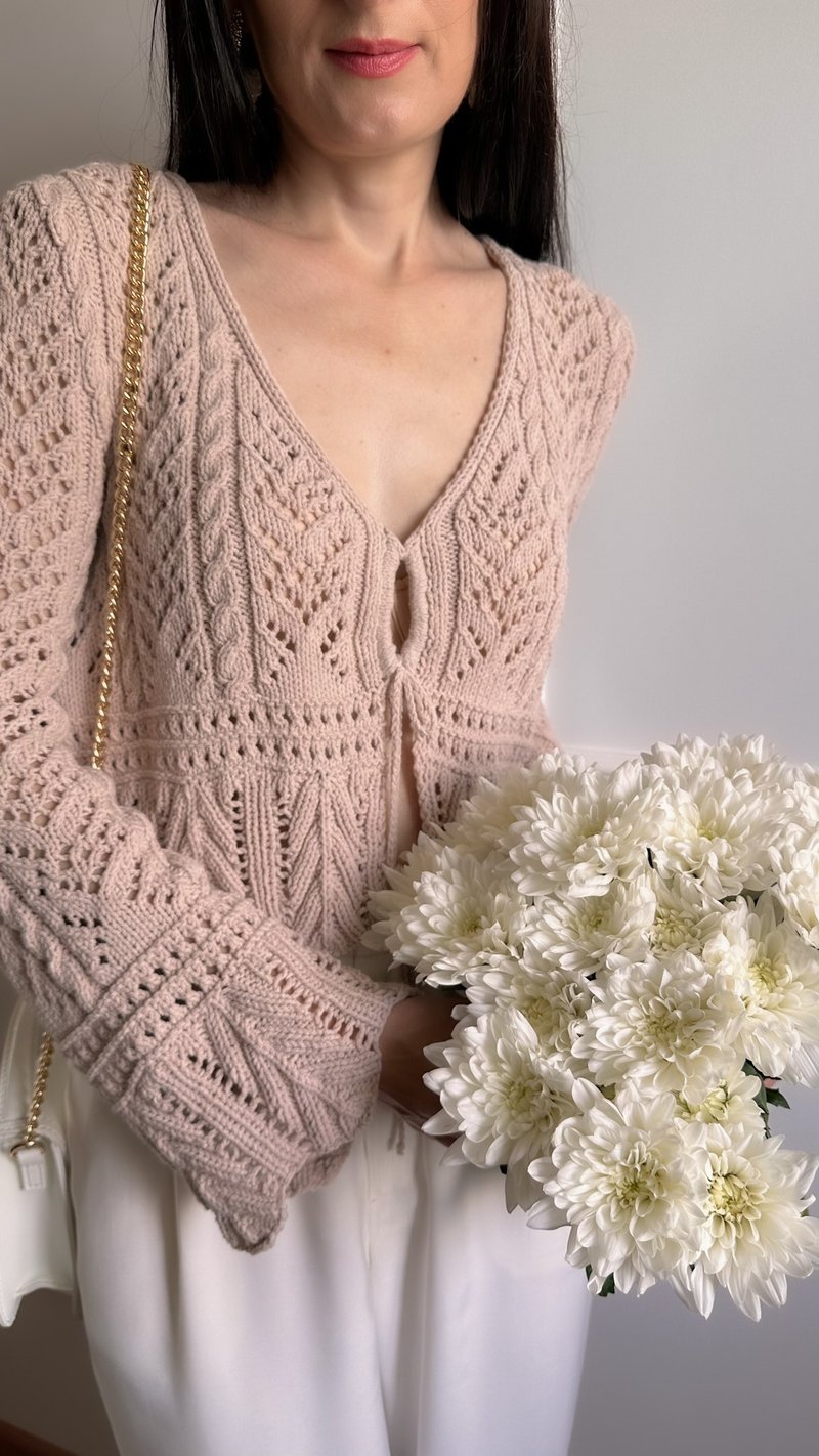 Trumpet sleeve lace knitted top Tie front cardigan Cotton summer sweater women S - เสื้อผู้หญิง - ผ้าฝ้าย/ผ้าลินิน 