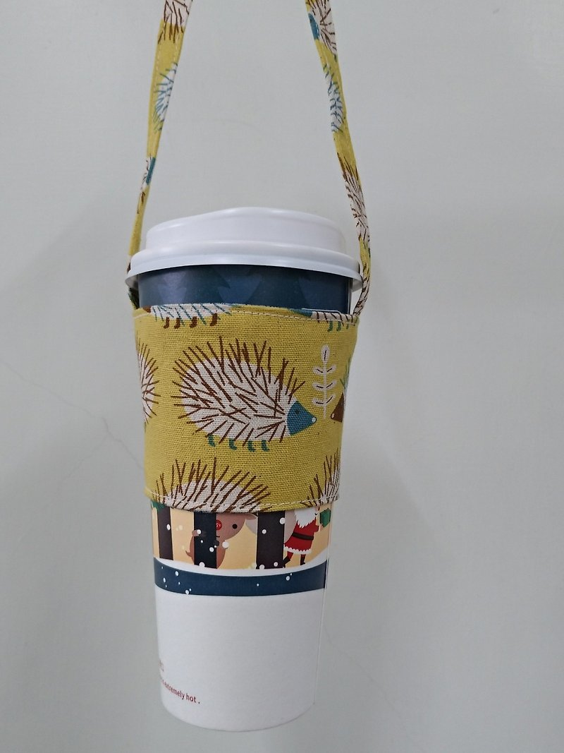 Beverage Cup Holder, Green Cup Holder, Hand Beverage Bag, Coffee Bag Tote Bag-Hedgehog Yellow - ถุงใส่กระติกนำ้ - ผ้าฝ้าย/ผ้าลินิน 