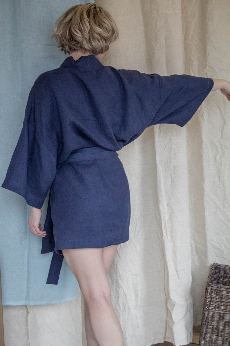 Navy Linen bathrobe for women - Kimono Robe - Loungewear & Sleepwear - Linen Blue